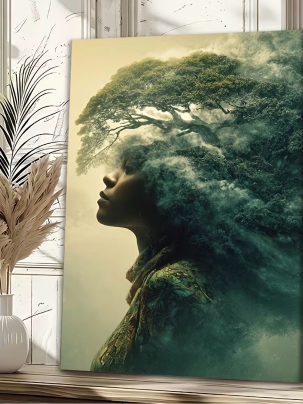 Surreal Woman Tree Art Print in Green and Cream 12x18 Canvas